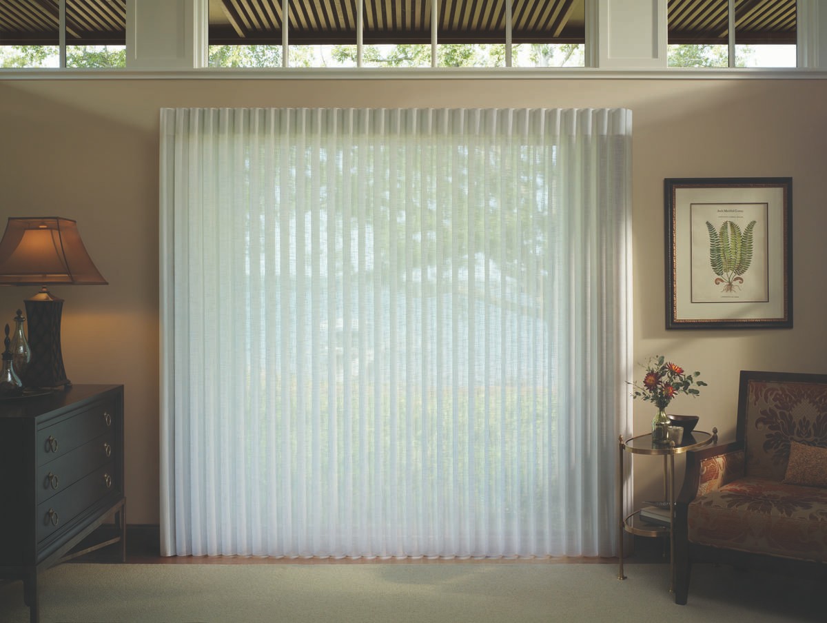 Custom glass door window treatments for homes near Raleigh, North Carolina (NC) including Luminette® Privacy Sheers.