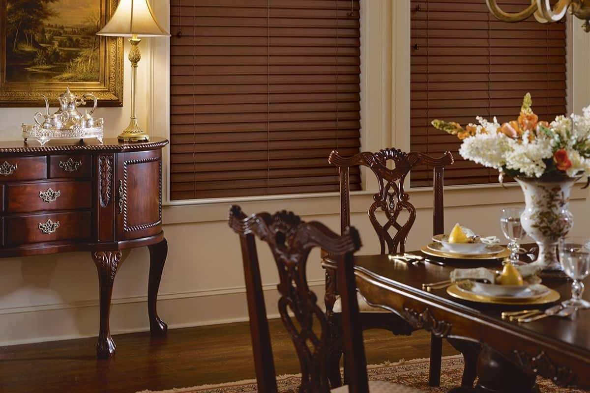 Window Treatments for Dining Room, Hunter Douglas EverWoodⓇ Alternative Wood Blinds near Raleigh, North Carolina (NC)